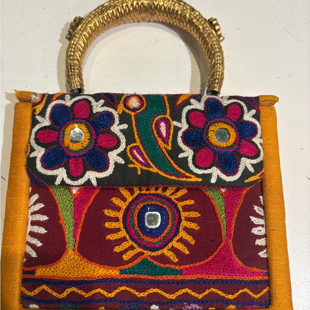 Colorful Embroidered Mini Bag with Gold Handle